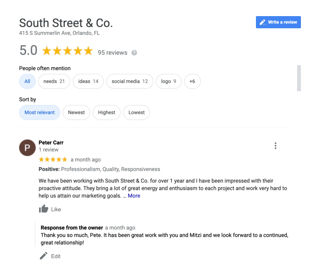 Reviews on Google My Business screenshot | Winter Park boutique marketing agency
